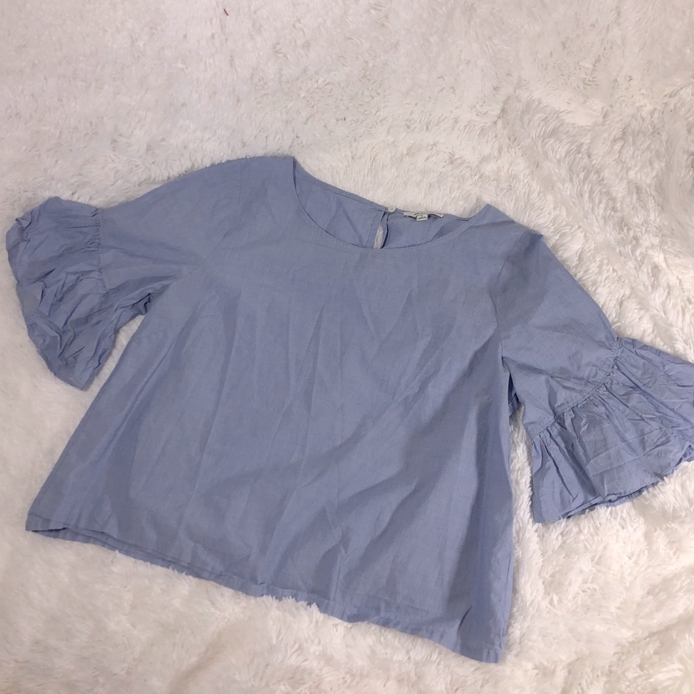 madewell chambray ruffle sleeve blouse